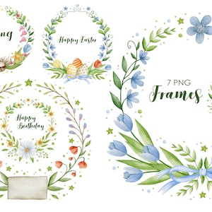 Watercolor Floral Frames: Spring Easter Wreaths Clipart (PNG)
