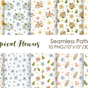 Watercolor tropical flowers background, Digital paper pack, fabric seamless pattern,Scrapbooking digital paper,Tropical leaves digital paper