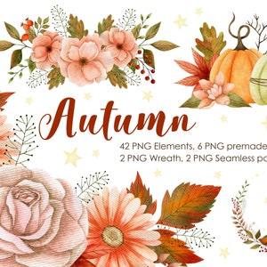Watercolor Pumpkins Clipart, wreath fall season, pattern leaves autumn, Halloween Thanksgiving Watercolor Collection Clipart, Orange Pumpkin