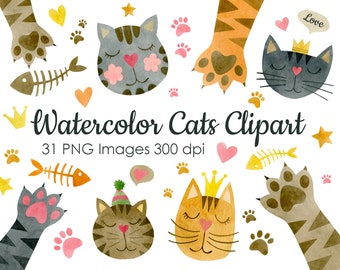 Watercolor Cats Clipart: 31 PNG Images (Digital Download)