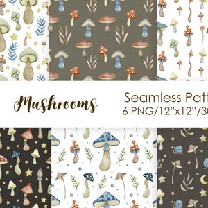 Motivo senza soluzione di continuità con funghi ad acquerello, autunno, foresta, scrapbooking su carta digitale, pacchetto di carta digitale con funghi, design stampabile della foresta, png