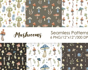 Watercolor Mushroom Seamless Pattern: Autumn Forest Digital Paper (PNG JPG)