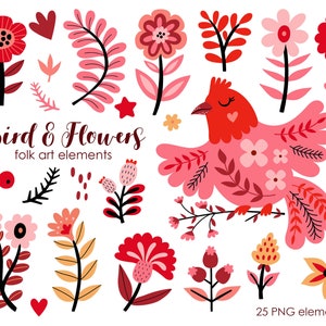 Clipart di fiori di arte popolare, uccello di arte popolare, rosa, creazione di biglietti floreali, download digitali, clipart di fiori scandinavi PNG, fiore digitale rosa