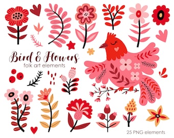 Folk Art Bird and Flowers Clipart: Scandinavian PNG Graphics (Digital Download)