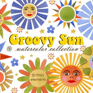 Watercolor Sun clipart, hand painted digital Sun clip art, yellow, orange, summer, groovy sun, boho sun, Hand painted, Sunshine Collection,
