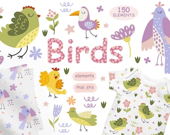 Birds and Flowers Clipart, Spring Summer PNG EPS (150 Elements)