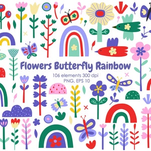 Fiori scandinavi, farfalla, arte popolare arcobaleno, Clipart di fiori popolari, arte floreale vintage, fiori per baby shower, fiori moderni, arte popolare, EPS