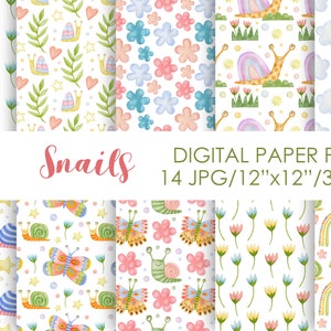 Pack de papier numérique aquarelle escargot, papier de scrapbooking, motifs sans couture, aquarelle animale, décoration de chambre d'enfant, décoration d'intérieur, téléchargement numérique,