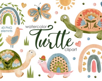 Watercolor Turtle Clipart: Rainbow Sea Animals, Nursery Decor (PNG Digital Download)