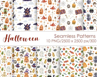 Watercolor Halloween Seamless Patterns: Digital Paper Pack (PNG)