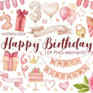 Clipart di compleanno rosa ad acquerello, torta rosa, festa di compleanno, festa di compleanno per bambine in rosa, palloncino rosa, candele rosa, bandiere di compleanno, peonie.