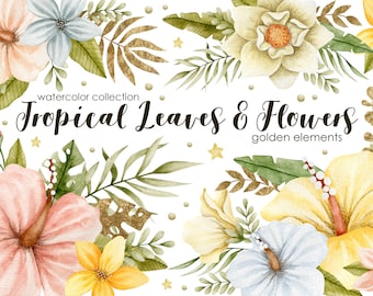 Watercolor Tropical Clipart: Flowers, Leaves & Gold Elements (PNG Digital Download)