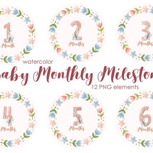 Jalon du mois bébé rose, clipart aquarelle, baby shower, cartes, faire-part de naissance nouveau-né, garçon mensuel, téléchargement numérique de fichier mignon,