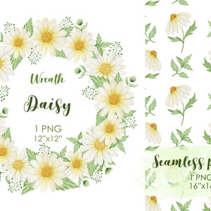 Watercolor Daisy wreath, Seamless Pattern daisy,Chamomile spring floral frame,Wildflower wedding wreath, White floral frame,Digital Clipart