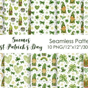 May include: Ten digital seamless patterns featuring gnomes, shamrocks, rainbows, hearts, stars, and other St. Patrick's Day themed elements. The patterns are 12 inches by 12 inches and 300 DPI.