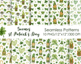 Watercolor St. Patrick&#39;s Day Gnomes Seamless Patterns (Digital Paper Pack)