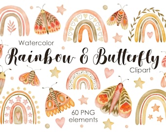 Watercolor Rainbow Butterfly Clipart: Boho Folk Art PNG (Digital Download)