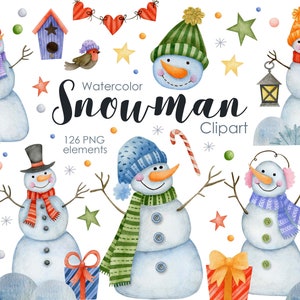 Cute Watercolor Snowman Clipart, Winter Images, Xmas Graphics, Hand Painted Watercolor Christmas, Commercial PNG, Christmas clipart,New year