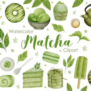 Akvarell Matcha Clipart: Te, Kaka, Glass (Direkt Nedladdning)