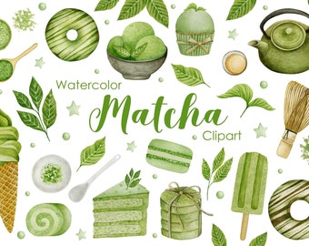 Watercolor Matcha Clipart: Tea, Cake, Ice Cream (Instant Download)
