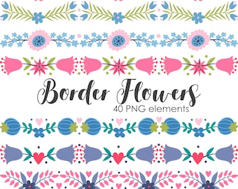 Folk Art Flower Border Clipart: Seamless PNG Graphics (40 Elements)