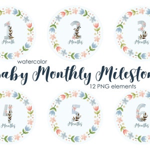 Jalon du mois bébé bleu, clipart aquarelle, baby shower, cartes, faire-part de naissance nouveau-né, garçon mensuel, téléchargement numérique de fichier mignon,