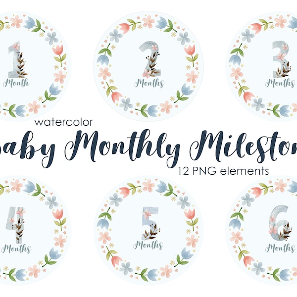 Blue Baby Monthly Milestone, Watercolor Clipart, Baby Shower, Cards, Newborn Birth Announcement, boy monthly, cute file digital download,