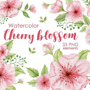 Watercolor cherry blossoms clipart, Spring blooming, Sakura, floral wreath, pink flowers, wedding, branch, spring garden, bouquets, delicate