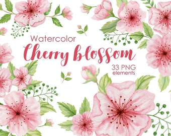 Watercolor Cherry Blossom Clipart: Floral Wreath, Bouquets (PNG Digital Download)