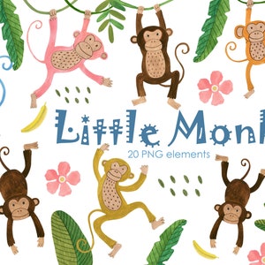 Monkey clipart, monkey png, gouache clipart, jungle clipart, watercolor monkey, baby monkey png, baby clipart, monkey birthday, cute clipart