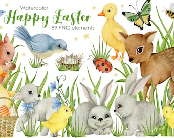Watercolor Easter Clipart: Spring Animals, Floral Decor (PNG Digital Download)