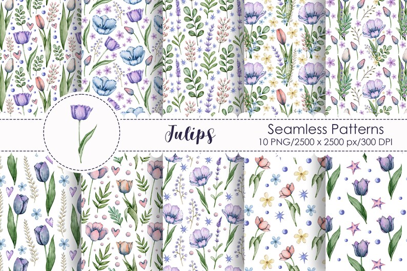 Watercolor Tulips Seamless Patterns Tulip Digital Paper Pack - Etsy