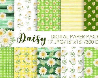 Watercolor Daisy digital papers pack, Chamomile spring flowers, Daisy Seamless patterns, Wildflower scrapbooking set, Instant Download JPG.