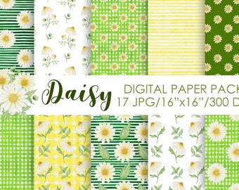 Watercolor Daisy Digital Paper Pack: Seamless Floral Patterns (Instant Download JPG)