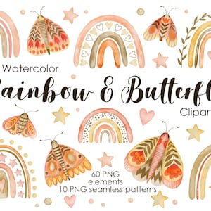 Aquarell Regenbogen und Schmetterling Clipart, Boho nahtlose Muster, Volkskunst, handbemalter Schmetterling, Digital PNG, Aquarell Boho Regenbogen,