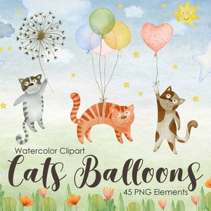 Aquarell Katzen Luftballons Clipart, Kids Party Kitty, Baby, Heißluftballons, Geburtstag, Baby-Dusche, Kinderzimmer Dekor, Kinder Clip Art, Blume, Ballon