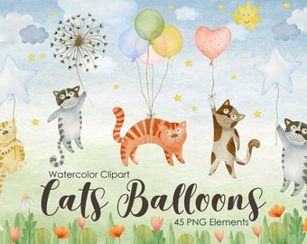 Clipart di palloncini con gatti acquerellati: decorazioni per la cameretta dei bambini (PNG)