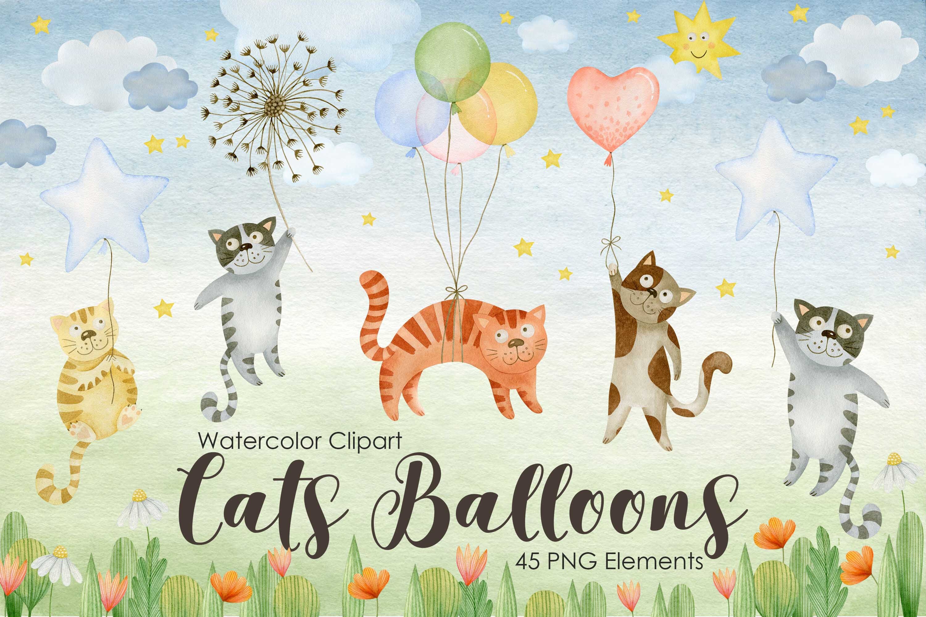 Watercolor Cats Balloons Clipart Kids Party Kitty Baby Air Etsy