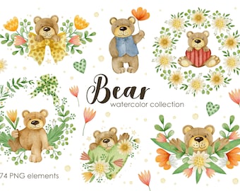Watercolor Bear Clipart: Kids PNG Illustrations, Floral Wreaths (Digital Download)