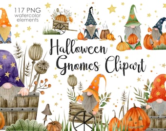 Watercolor Halloween Gnomes Clipart: Pumpkin Autumn PNG (Digital Download)