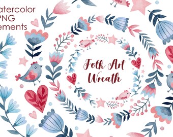 Watercolor Flower Wreath Clipart: Folk Art Wedding Design (PNG Digital Download)