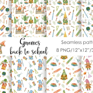 Watercolor Gnomes back to school, school seamless patterns, digital paper pack, Scrapbook Paper, School Supplies Pattern, gnomes pattern.