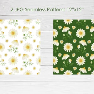 May include: Two seamless digital paper patterns featuring white daisies with yellow centers on a white background and a green background. The patterns are 12 inches by 12 inches.