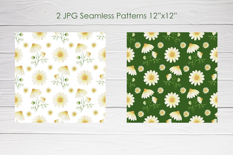 May include: Two seamless digital paper patterns featuring white daisies with yellow centers on a white background and a green background. The patterns are 12 inches by 12 inches.