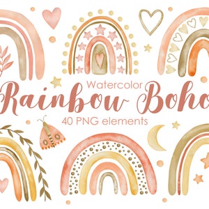 Watercolor Boho Rainbow Clipart, Watercolour pastel rainbow clip art, boho rainbow decor png,Boho pastel stars,hearts,modern rainbow clipart