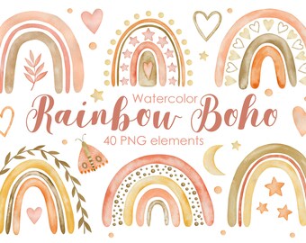 Watercolor Boho Rainbow Clipart: Pastel Hearts, Stars (PNG Digital Download)