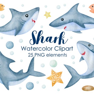 Clipart requin aquarelle, vie océanique, animaux marins, téléchargement immédiat, clipart bébé requin, requins imprimables, mignons requins, Illustration de requin,