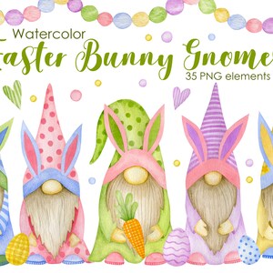 Graphismes clipart aquarelle gnomes de Pâques, lapin nain, png de Pâques, gnomes arc-en-ciel, printemps, oeuf, fleurs, cartes, baby-shower, enfants, coeurs.