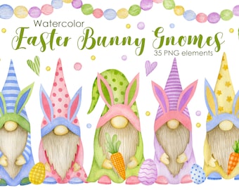 Watercolor Easter Gnomes Clipart: Bunny PNG Graphics (Digital Download)