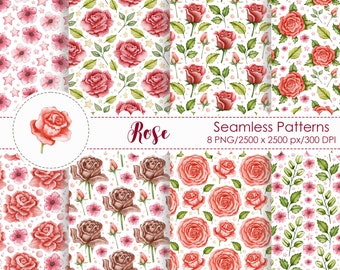 Watercolor Pink Roses Seamless Patterns: Boho Floral Paper (digital ...